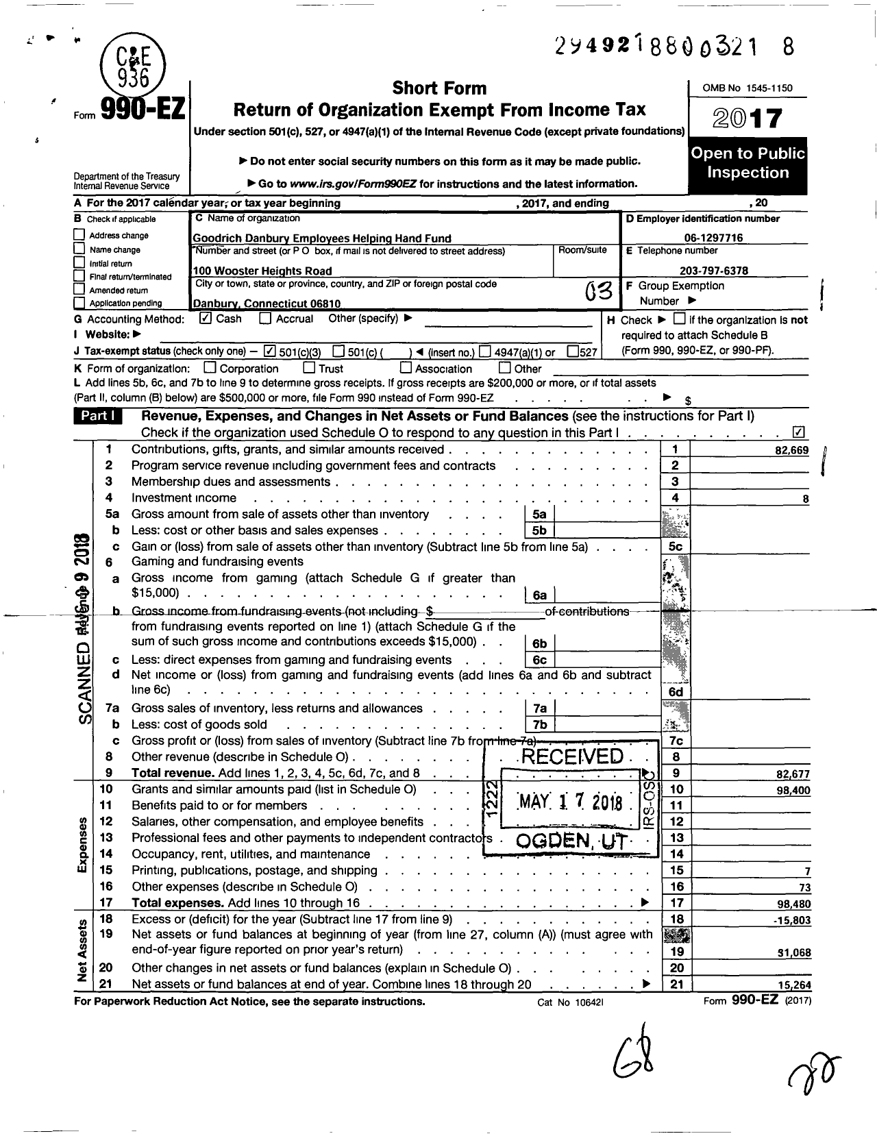 Image of first page of 2017 Form 990EZ for Goodrich Danbury Employees Helpling Hand Fund
