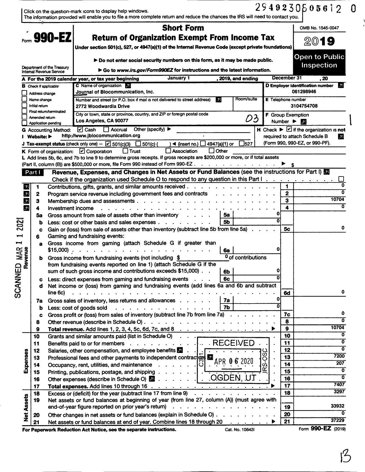 Image of first page of 2019 Form 990EZ for Journal of Biocommunication