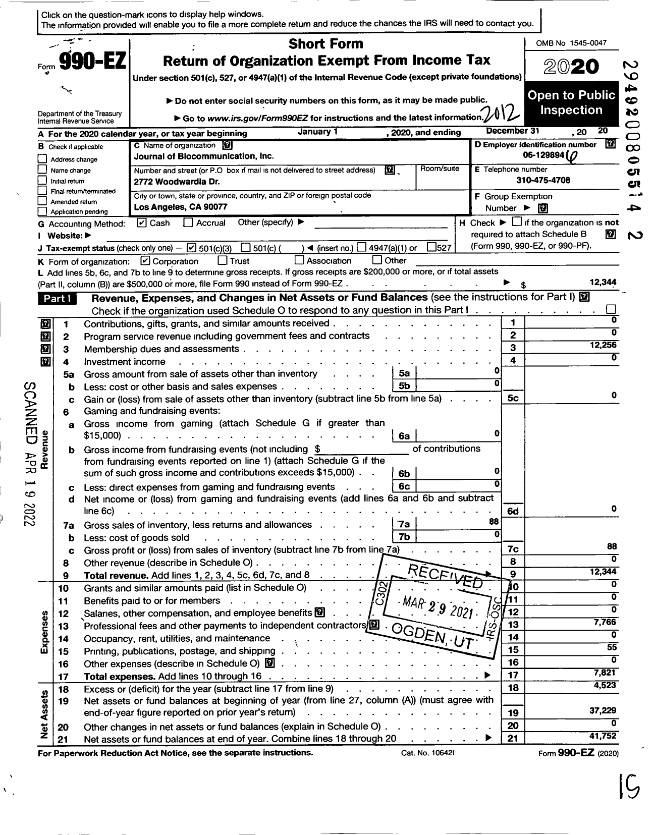 Image of first page of 2020 Form 990EZ for Journal of Biocommunication