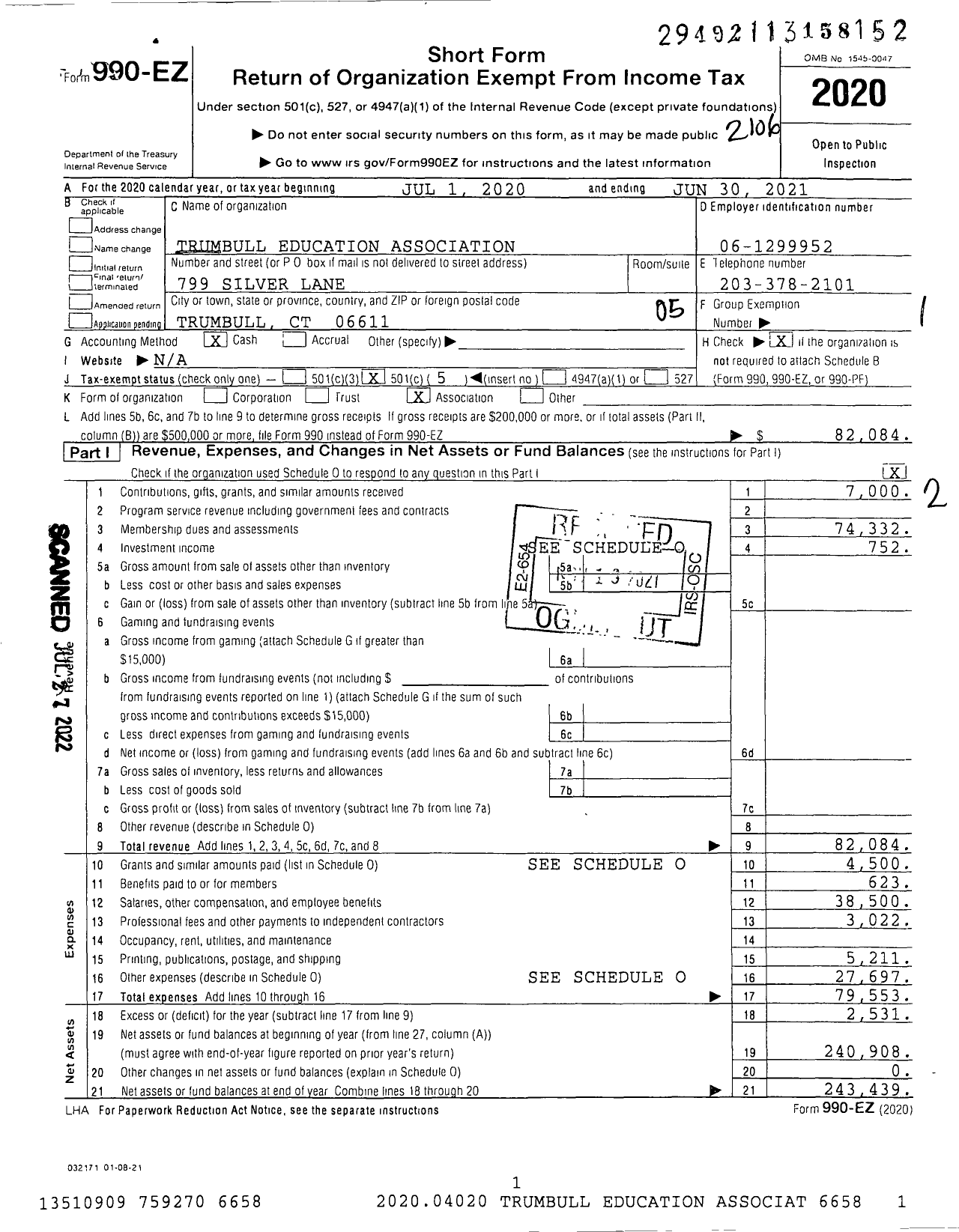 Image of first page of 2020 Form 990EO for Connecticut Education Association - Trumbull