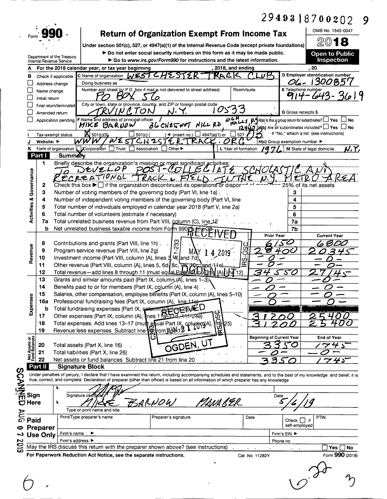 Image of first page of 2018 Form 990 for Westchester Track Club