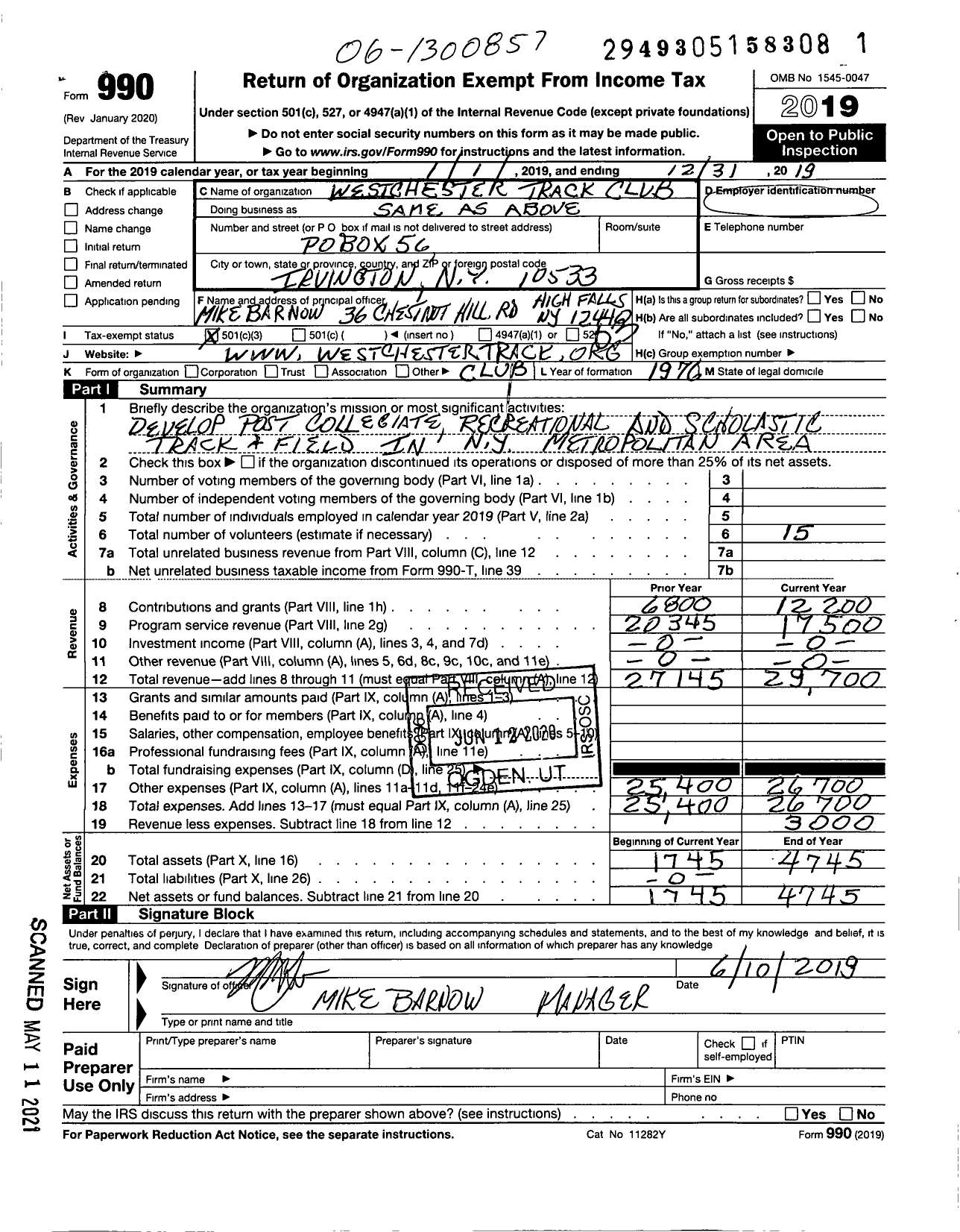 Image of first page of 2019 Form 990 for Westchester Track Club