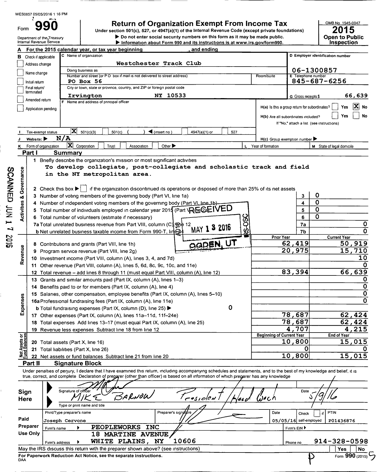 Image of first page of 2015 Form 990 for Westchester Track Club