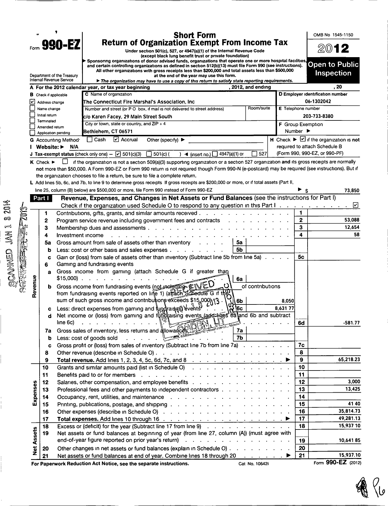 Image of first page of 2012 Form 990EZ for The Connecticut Fire Marshals Association