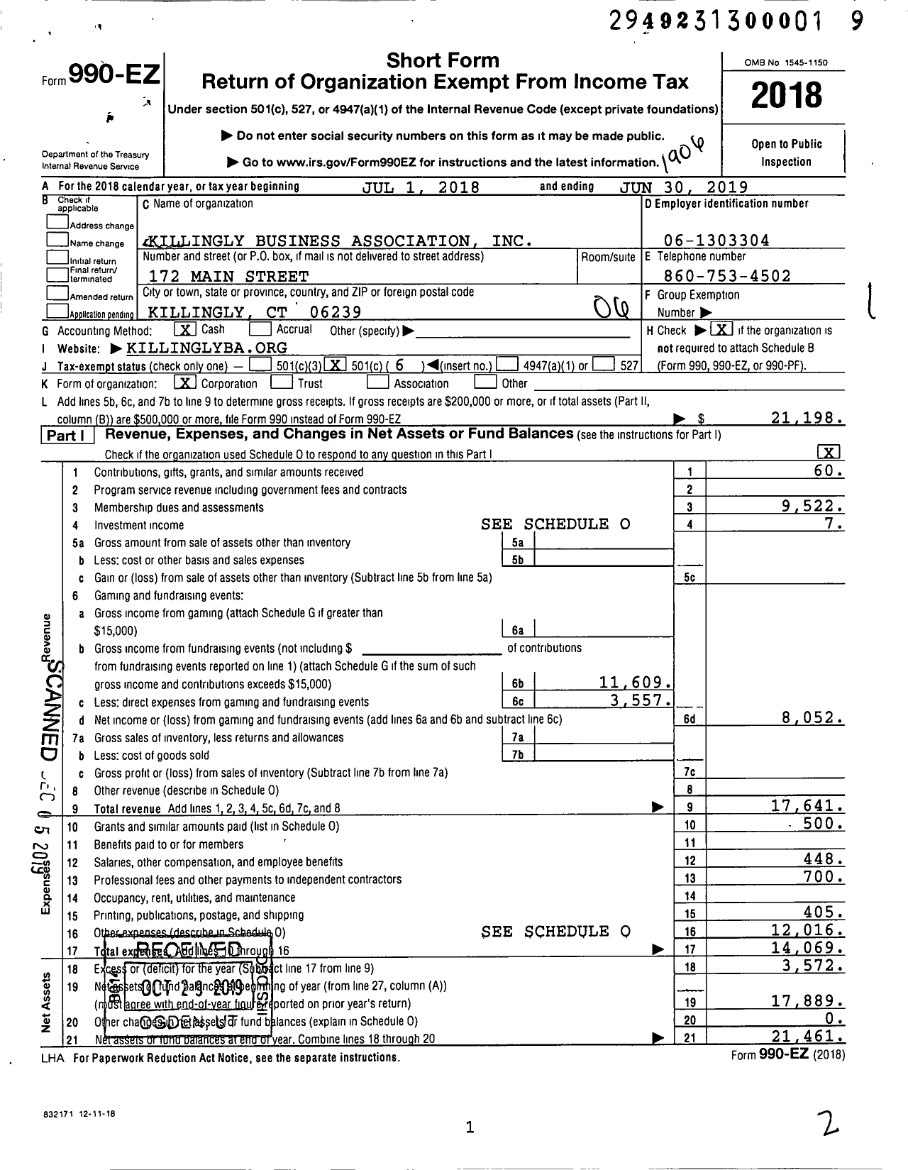 Image of first page of 2018 Form 990EO for Killingly Business Association