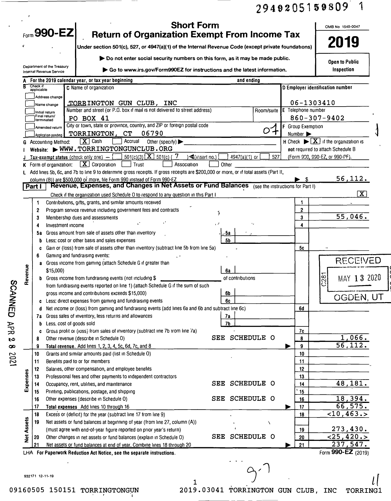 Image of first page of 2019 Form 990EO for Torrington Gun Club