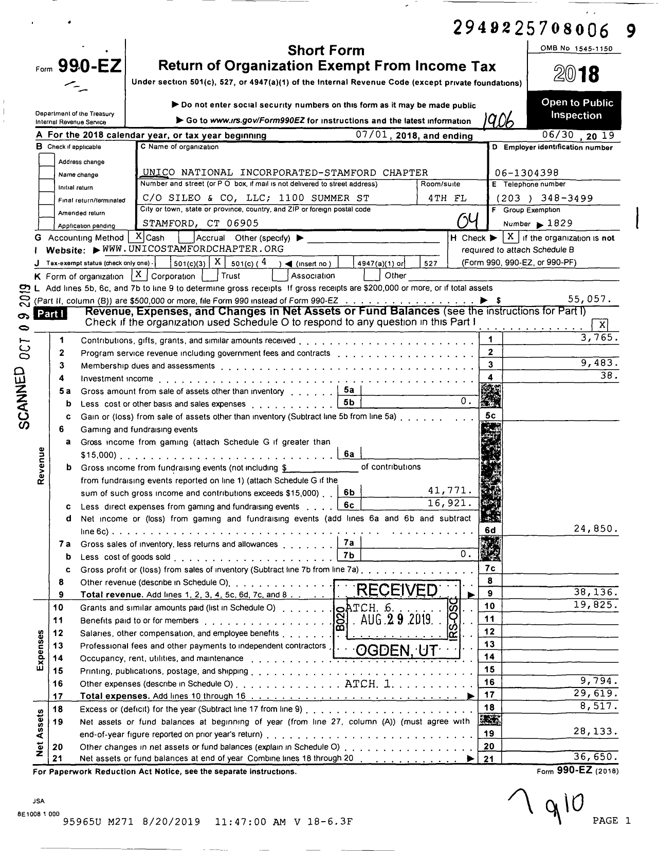 Image of first page of 2018 Form 990EO for Unico National Incorporated - Stamford Chapter