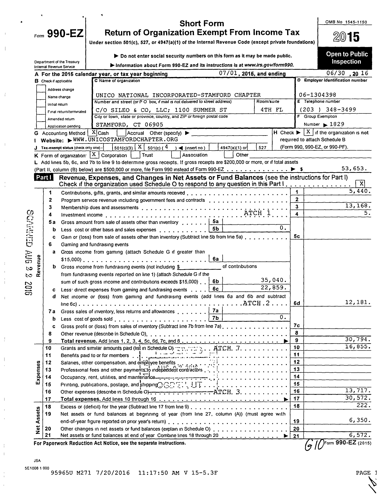 Image of first page of 2015 Form 990EO for Unico National Incorporated-Stamford Chapter