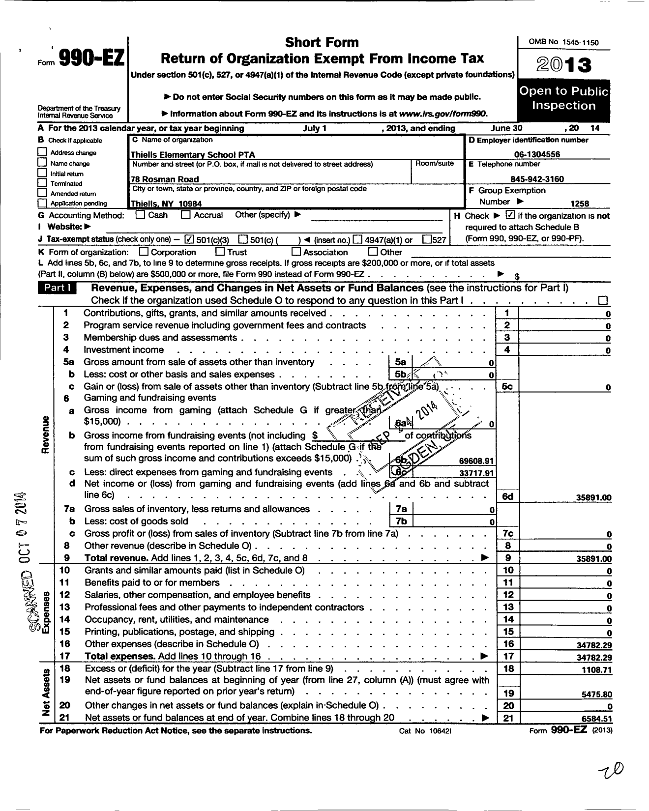 Image of first page of 2013 Form 990EZ for New York State PTA - 004-206 Thiells Elementary PTA
