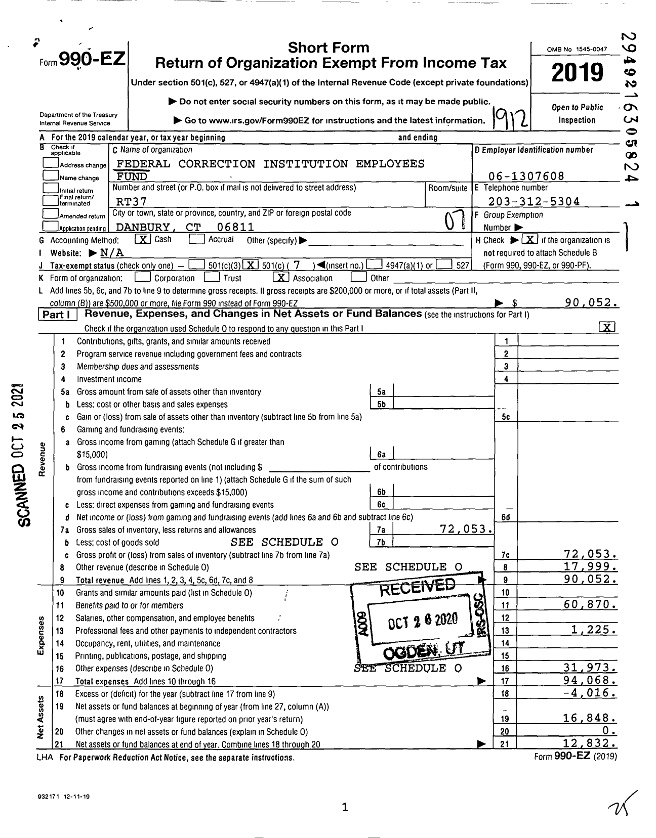 Image of first page of 2019 Form 990EO for Federal Correctional Institution Employees Club