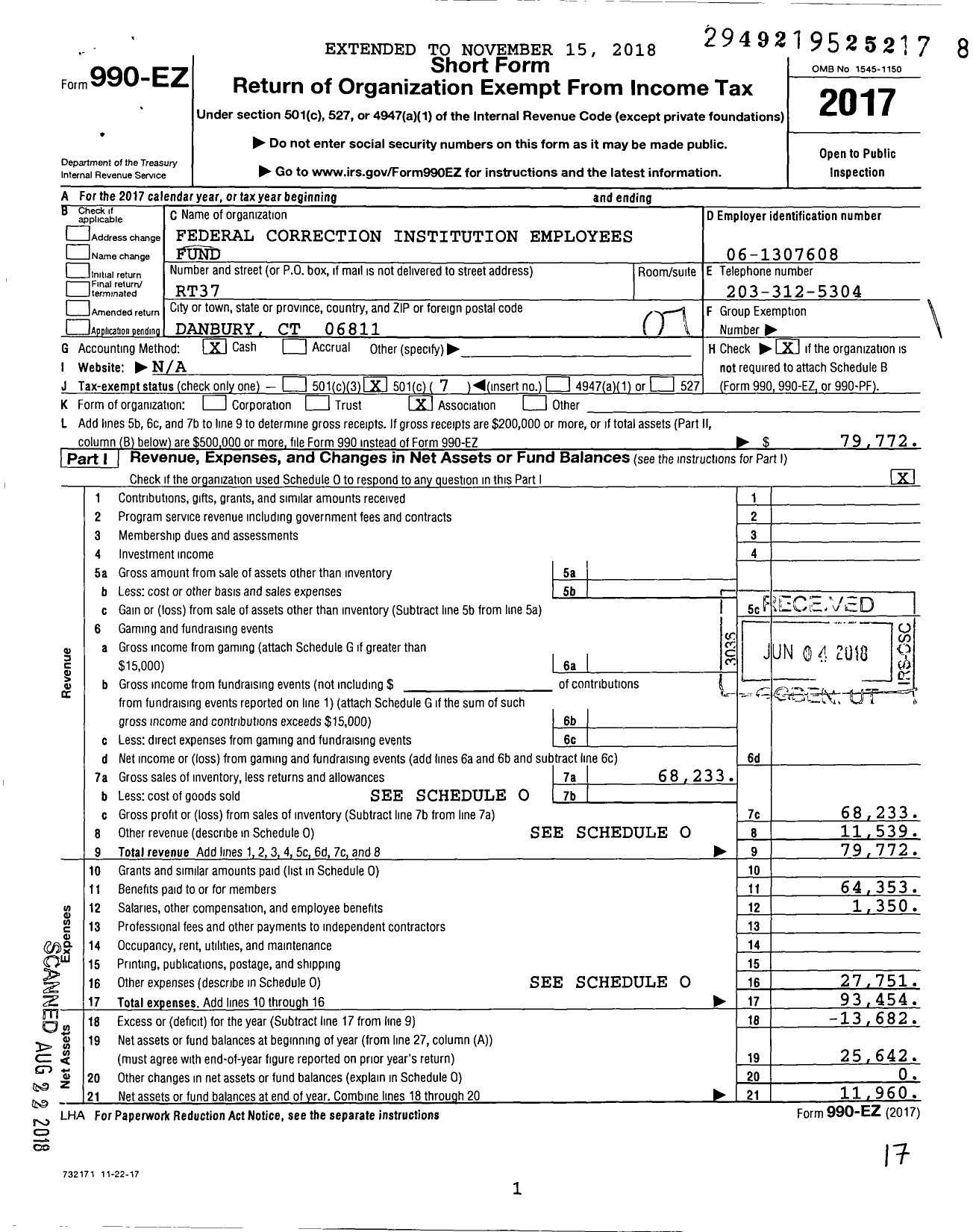 Image of first page of 2017 Form 990EO for Federal Correctional Institution Employees Club