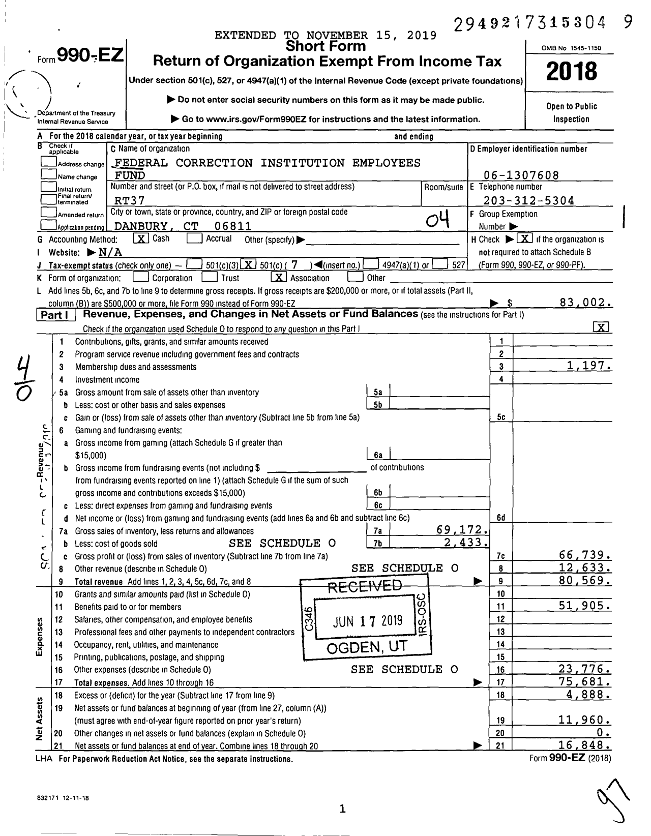 Image of first page of 2018 Form 990EO for Federal Correctional Institution Employees Club