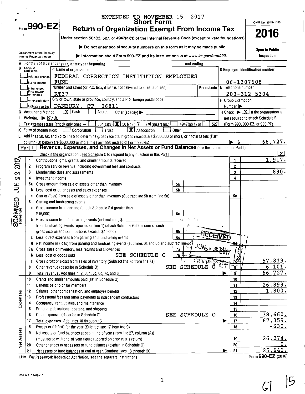 Image of first page of 2016 Form 990EO for Federal Correctional Institution Employees Club