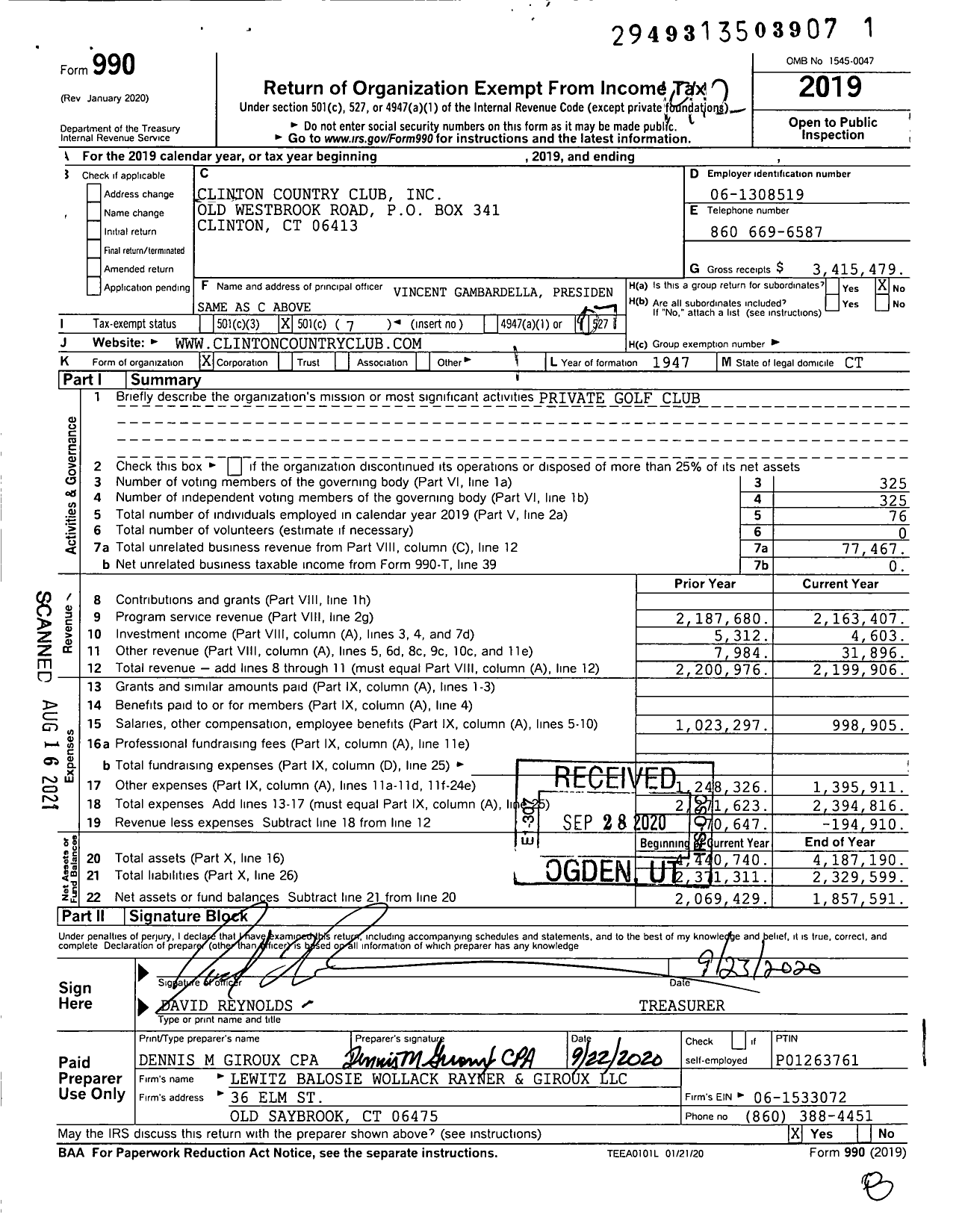 Image of first page of 2019 Form 990O for Clinton Country Club