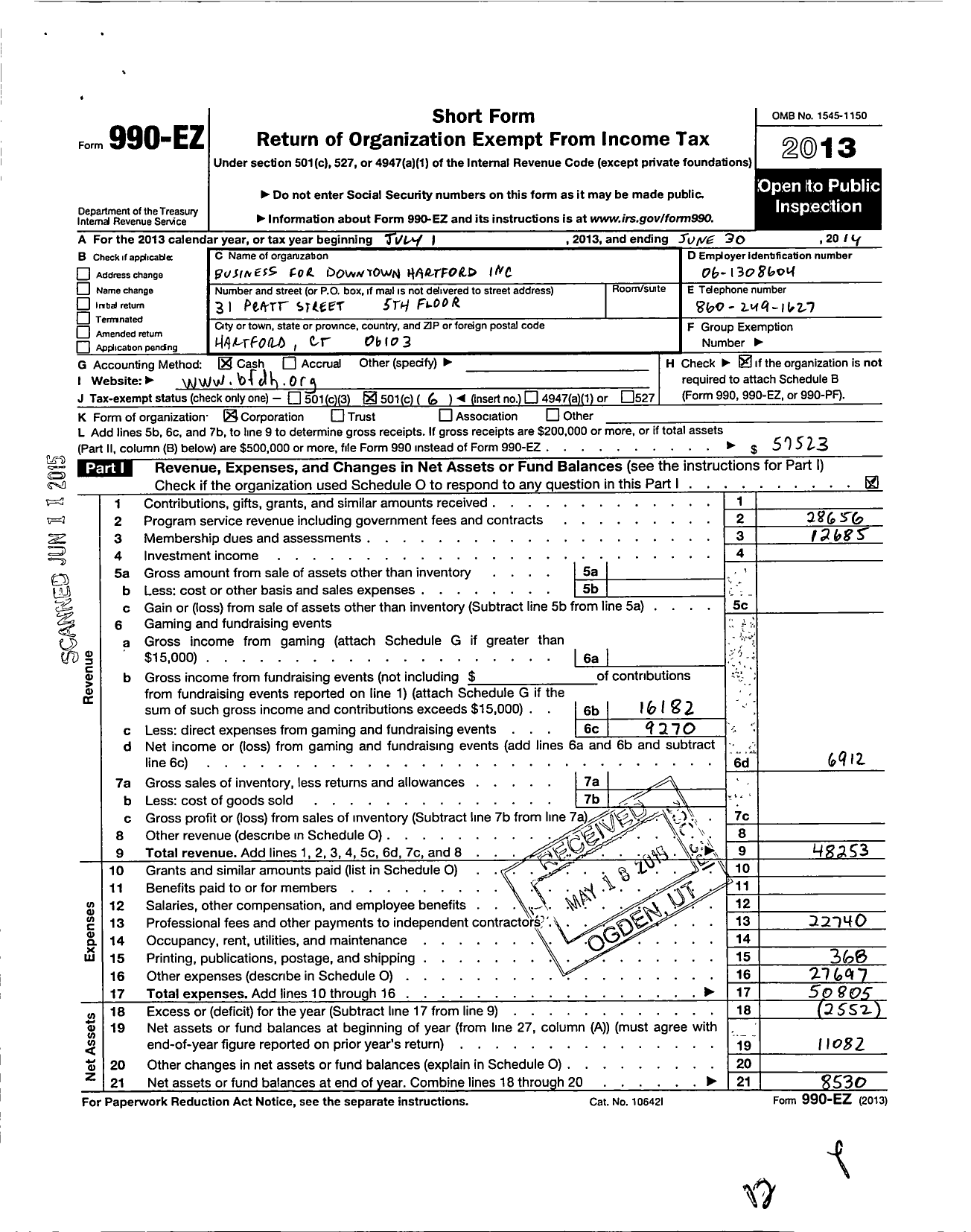 Image of first page of 2013 Form 990EO for Business for Downtown Hartford