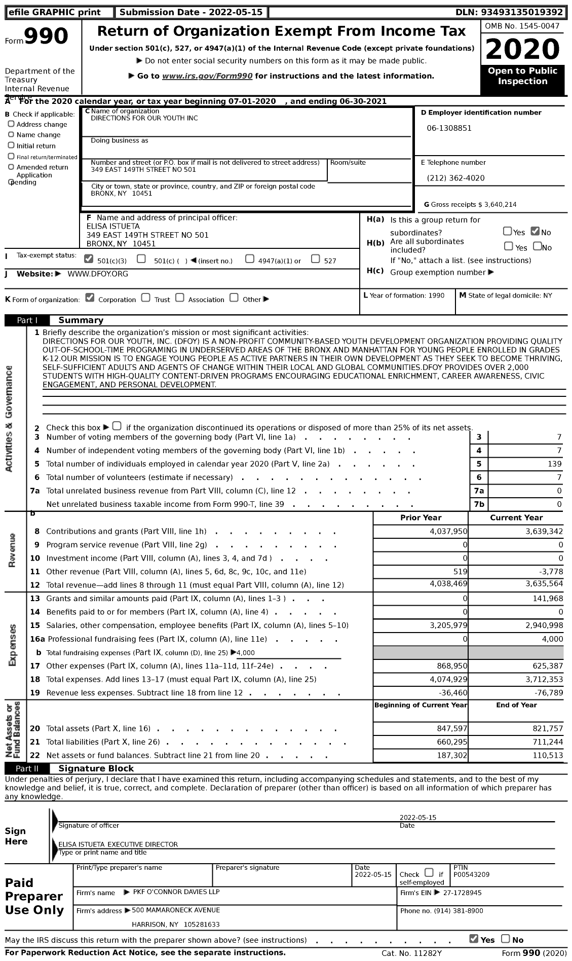 Image of first page of 2020 Form 990 for Directions for Our Youth (DFOY)