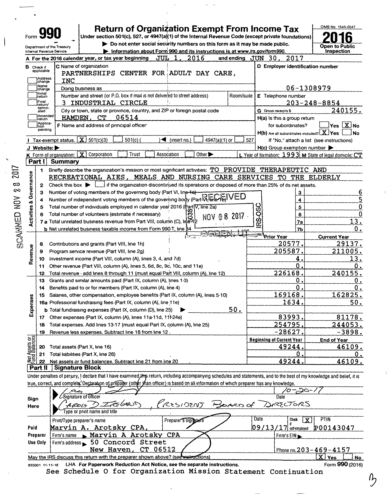 Image of first page of 2016 Form 990 for Partnerships Center for Adult Day Care