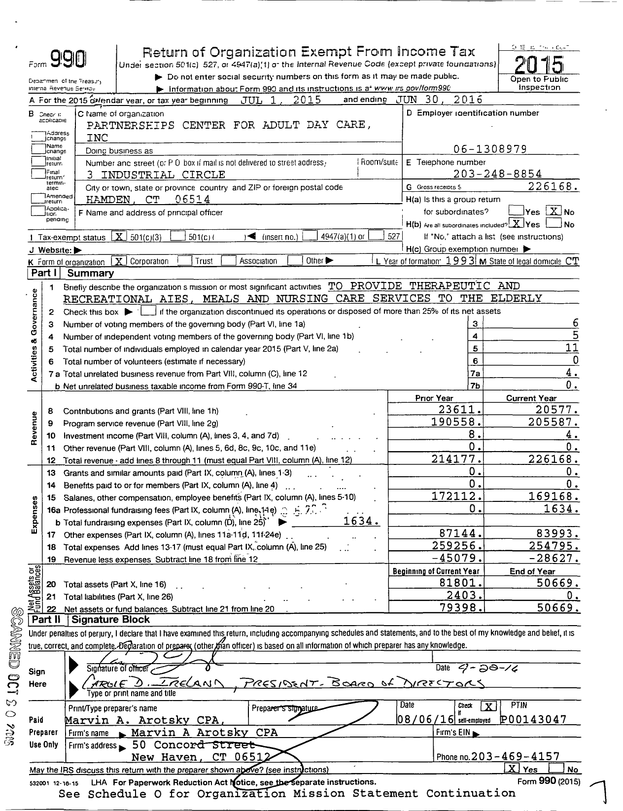 Image of first page of 2015 Form 990 for Partnerships Center for Adult Day Care