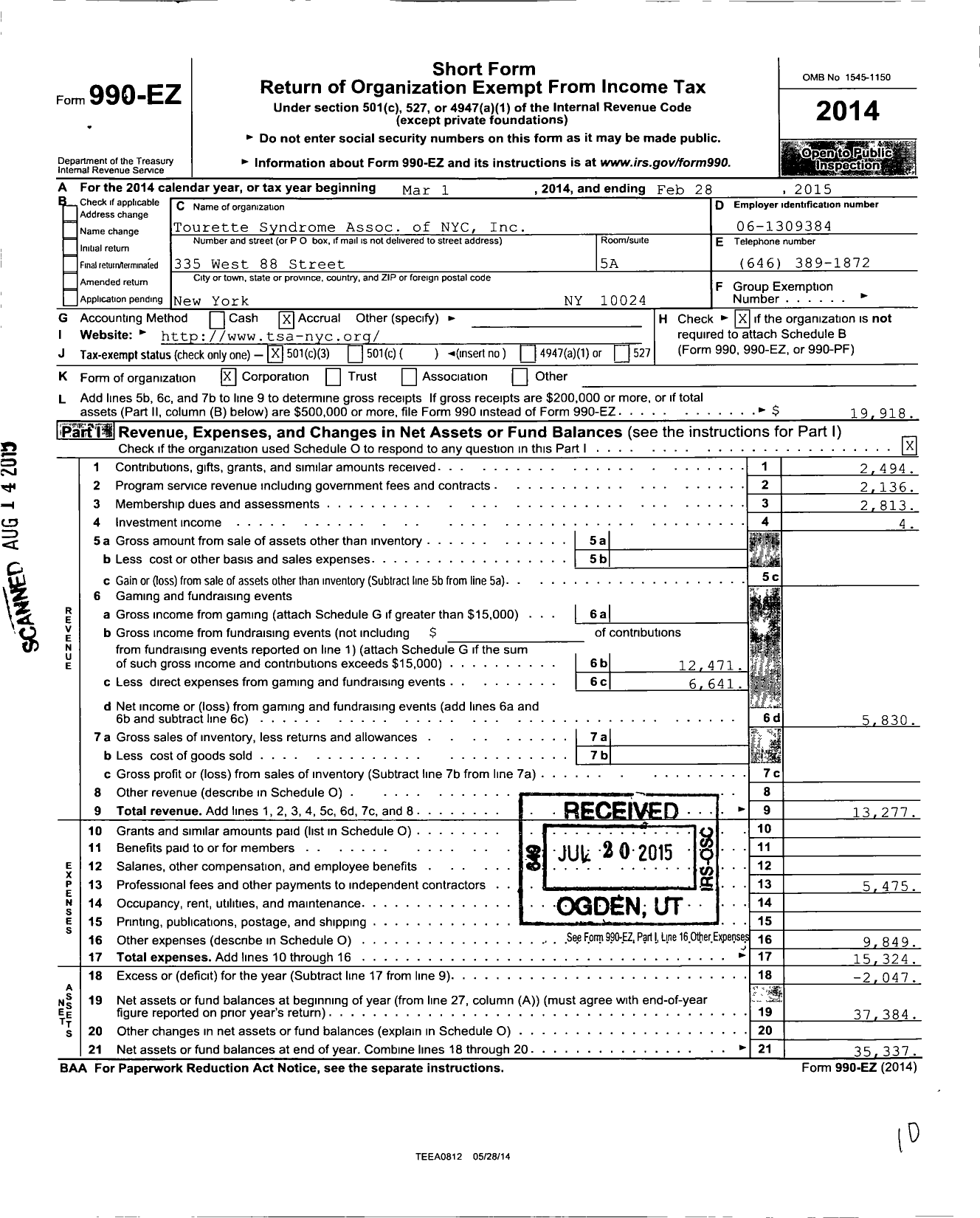 Image of first page of 2014 Form 990EZ for Tourette Syndrome Association