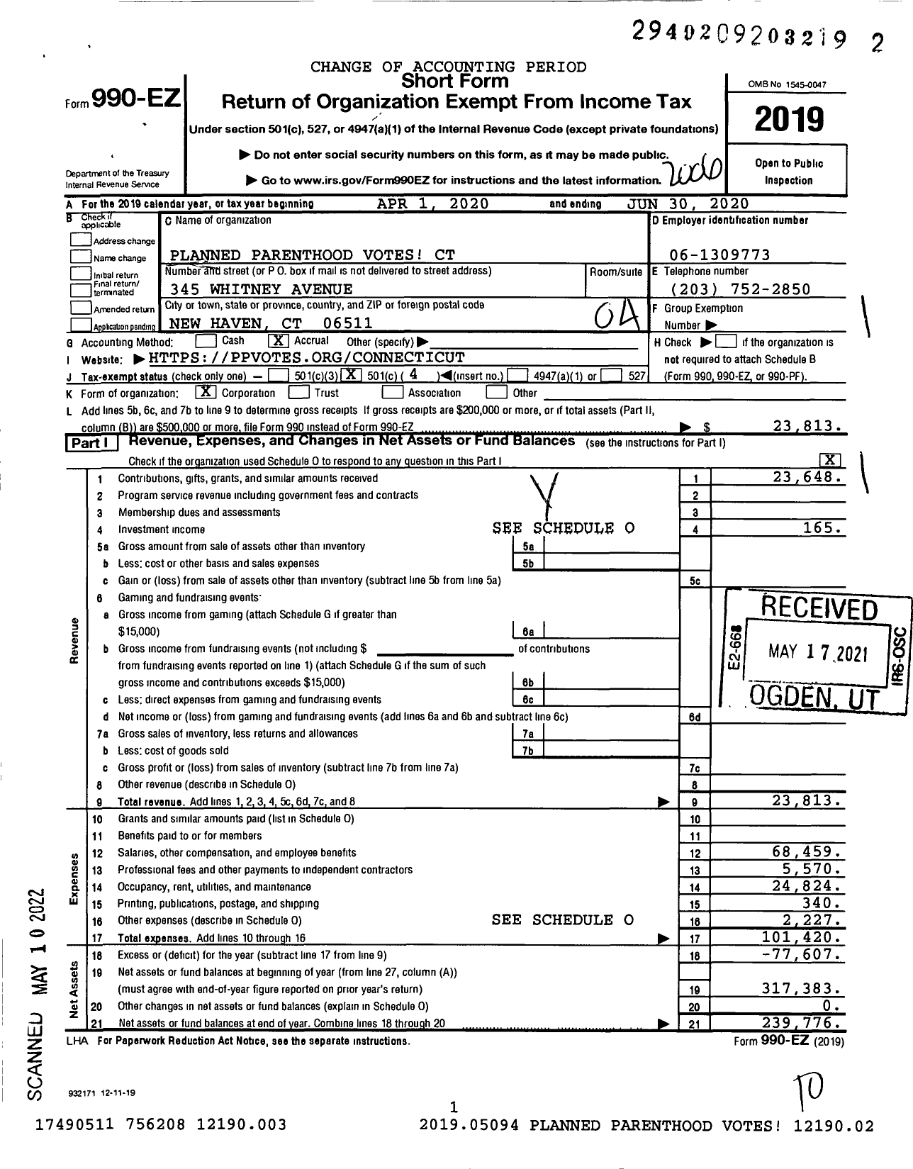 Image of first page of 2019 Form 990EO for Planned Parenthood Votes CT