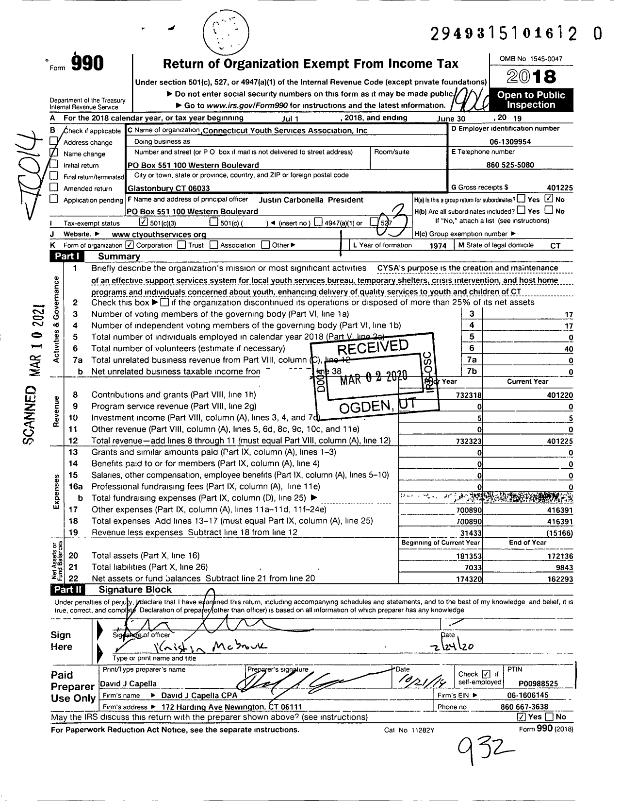 Image of first page of 2018 Form 990 for Connecticut Youth Services Association