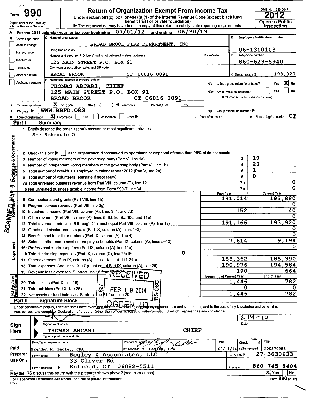 Image of first page of 2012 Form 990 for Broad Brook Volunteer Fire Department