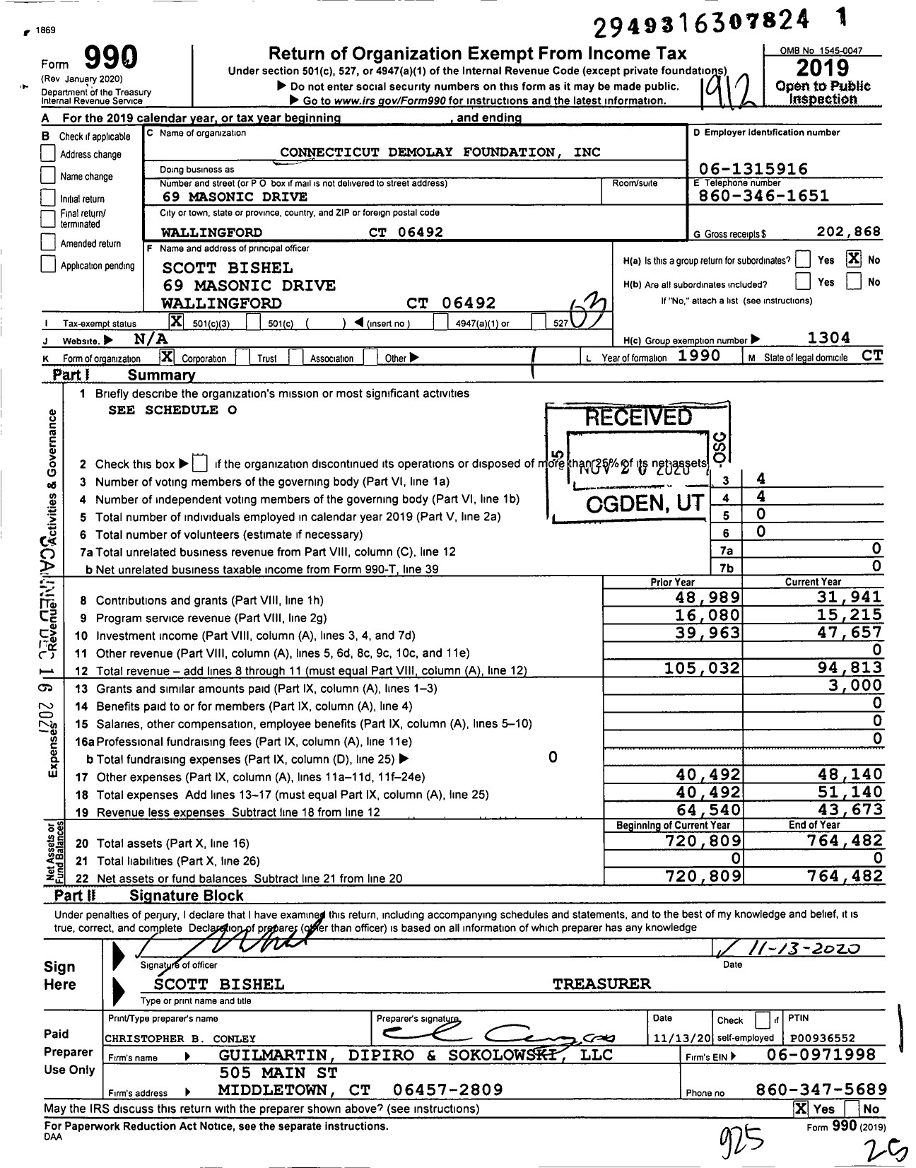 Image of first page of 2019 Form 990 for Demolay International - 07602 Connecticut Demolay Foundatio