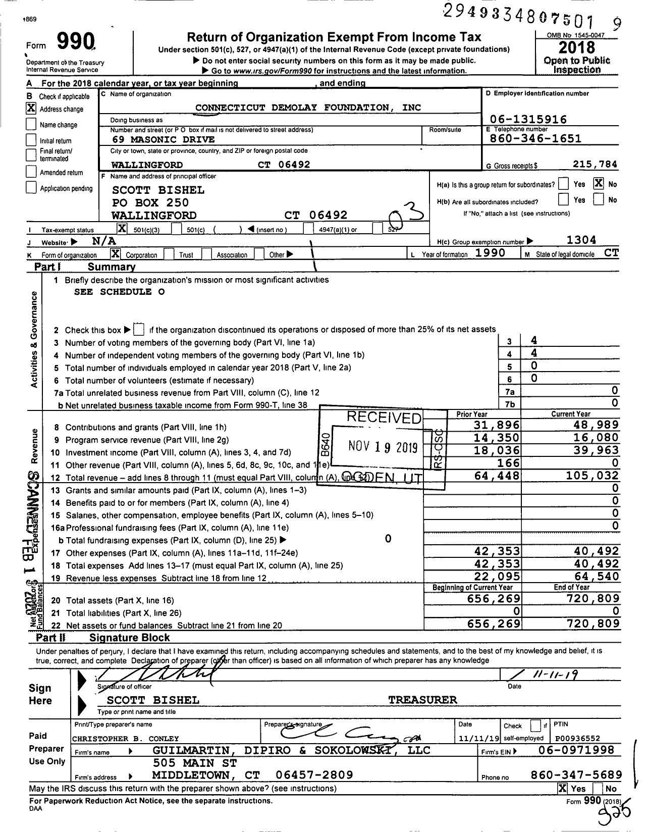 Image of first page of 2018 Form 990 for Demolay International - 07602 Connecticut Demolay Foundatio