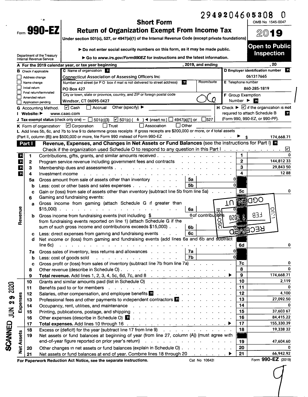 Image of first page of 2019 Form 990EO for Connecticut Association of Assessing Officers