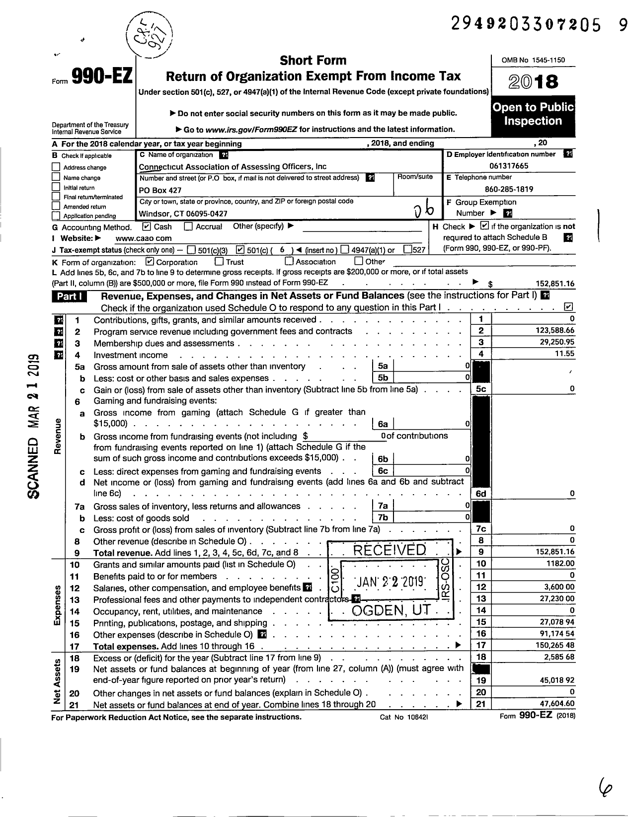 Image of first page of 2018 Form 990EO for Connecticut Association of Assessing Officers