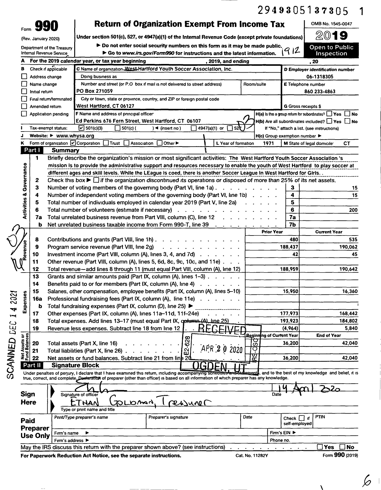 Image of first page of 2019 Form 990 for West Hartford Youth Soccer Association