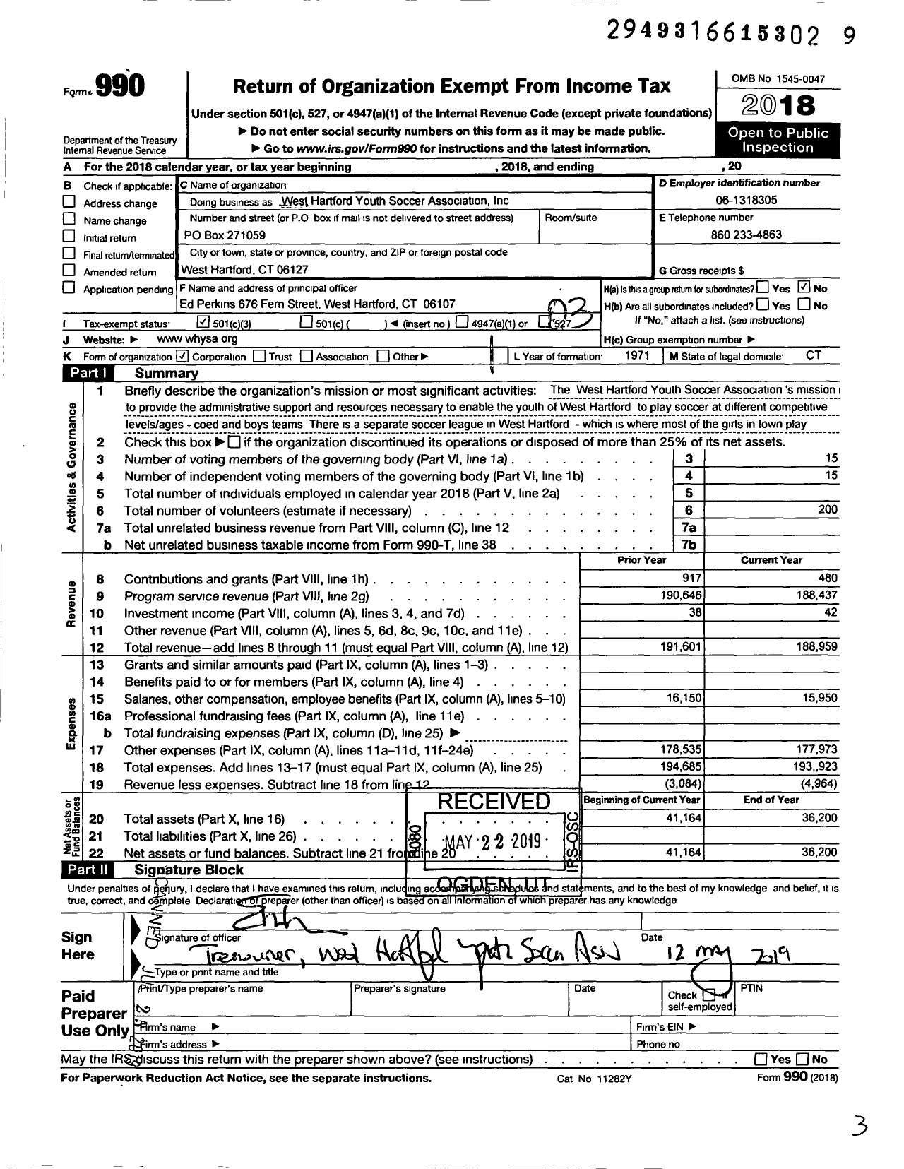 Image of first page of 2018 Form 990 for West Hartford Youth Soccer Association