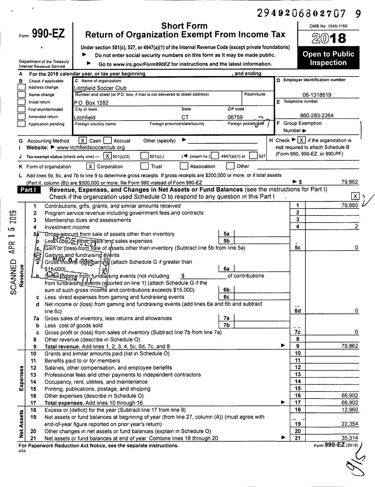 Image of first page of 2018 Form 990EZ for Litchfield Soccer Club