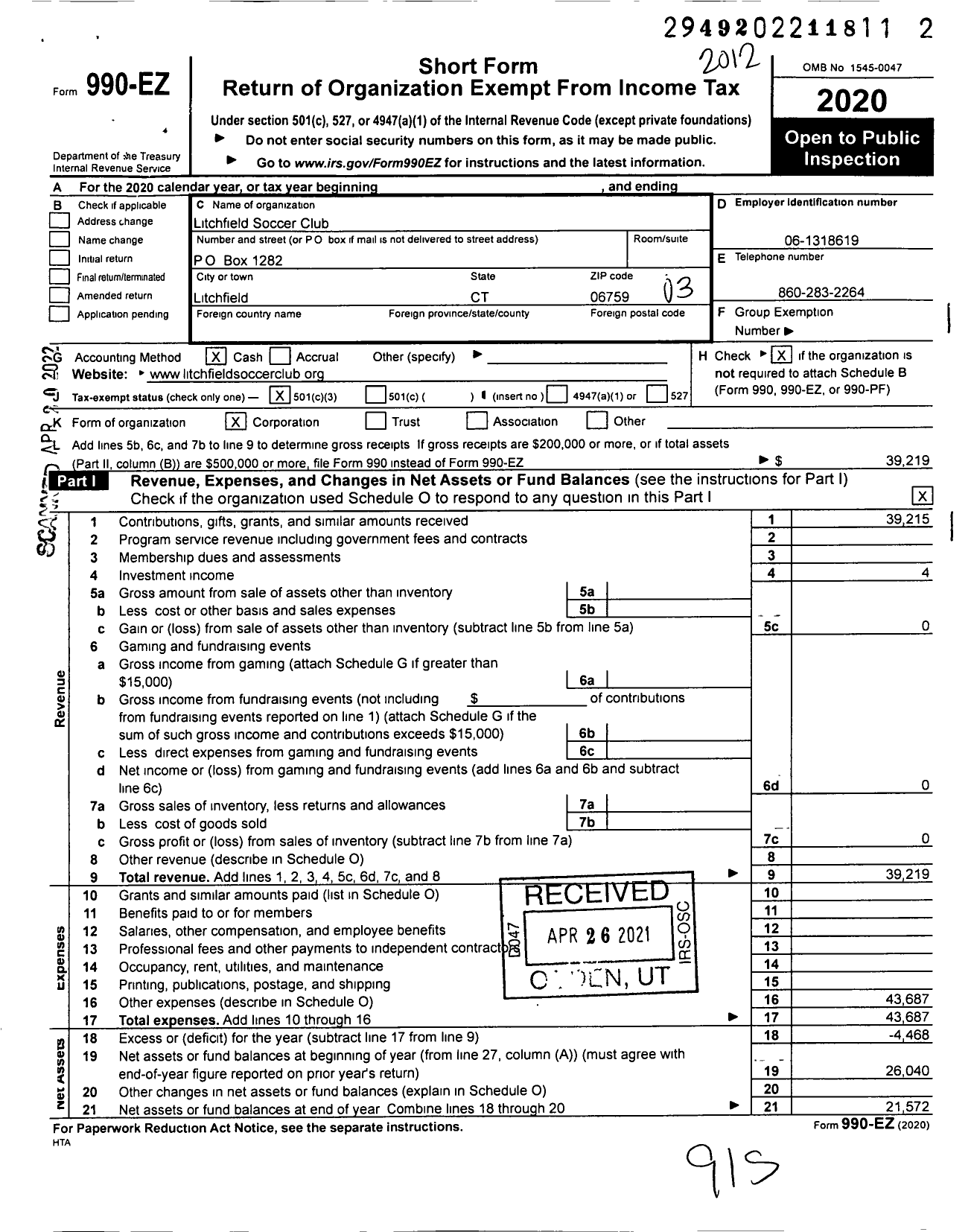 Image of first page of 2020 Form 990EZ for Litchfield Soccer Club