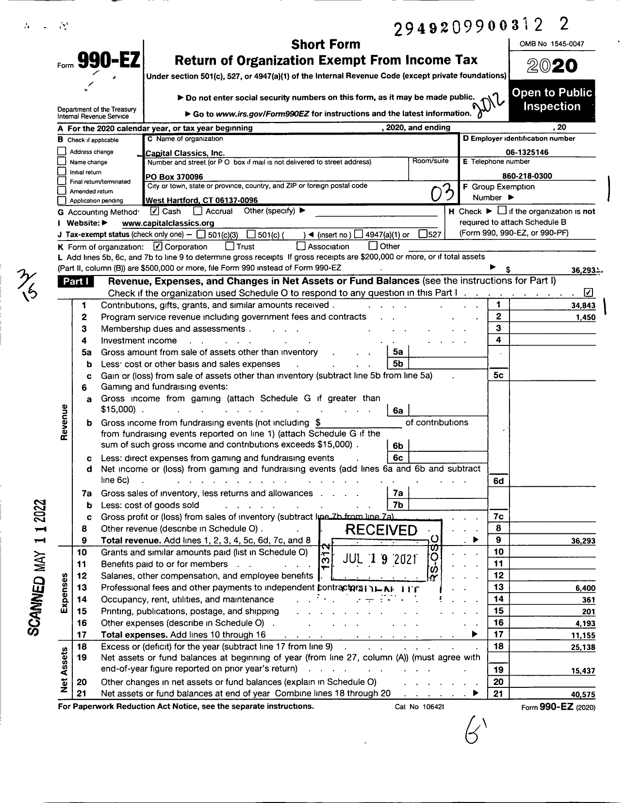 Image of first page of 2020 Form 990EZ for Capital Classics