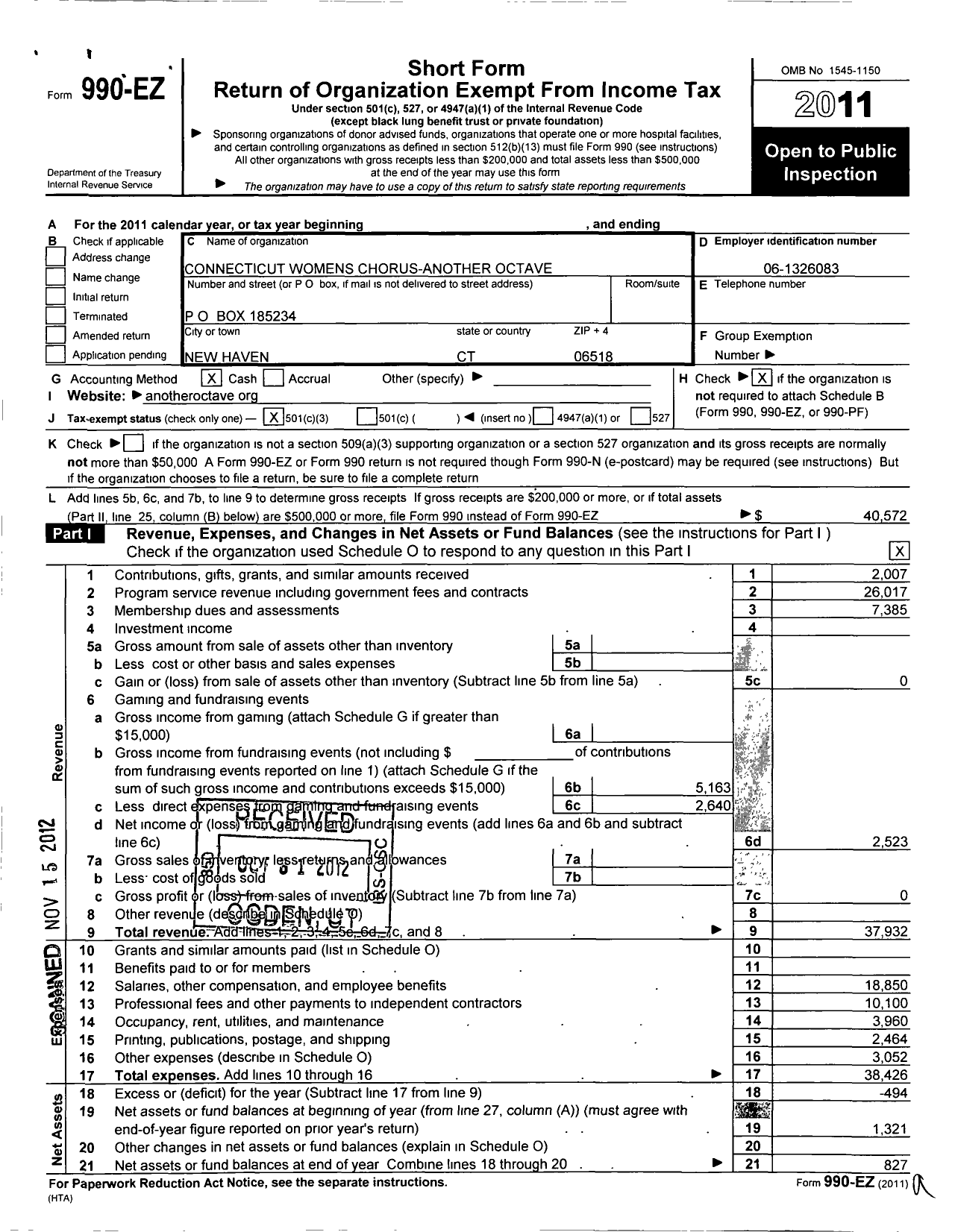 Image of first page of 2011 Form 990EZ for Connecticut Womens Chorus-Another Octave