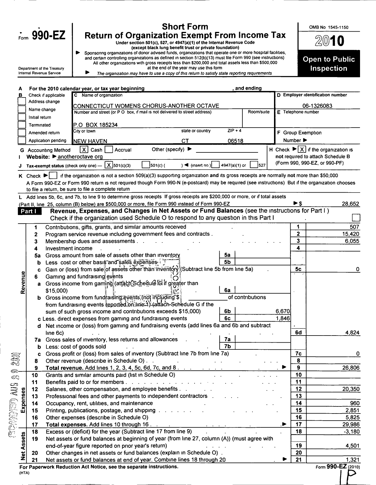 Image of first page of 2010 Form 990EZ for Connecticut Womens Chorus-Another Octave