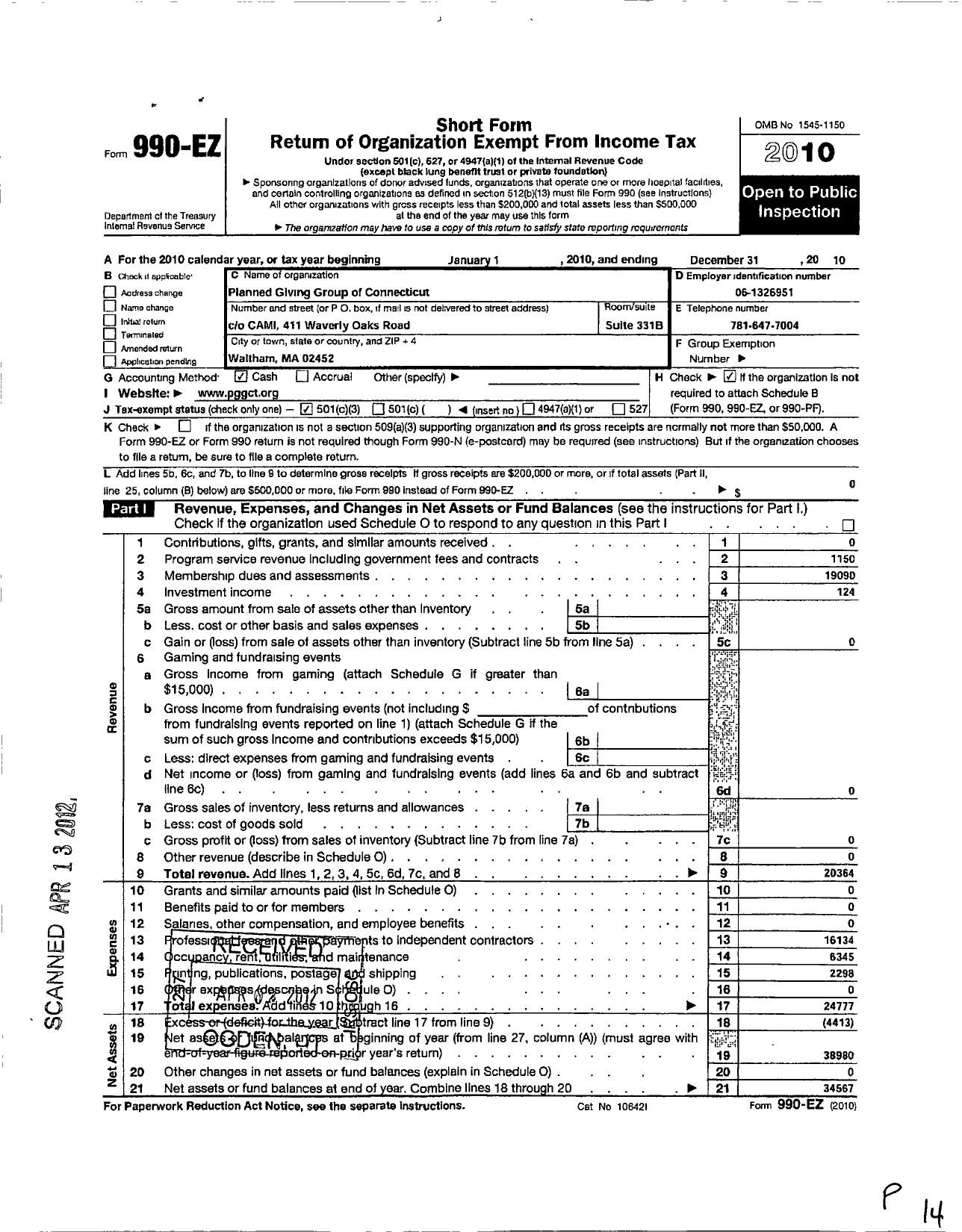 Image of first page of 2010 Form 990EZ for National Association of Charitable Gift Planners / Charitable Gift Planners of Connect