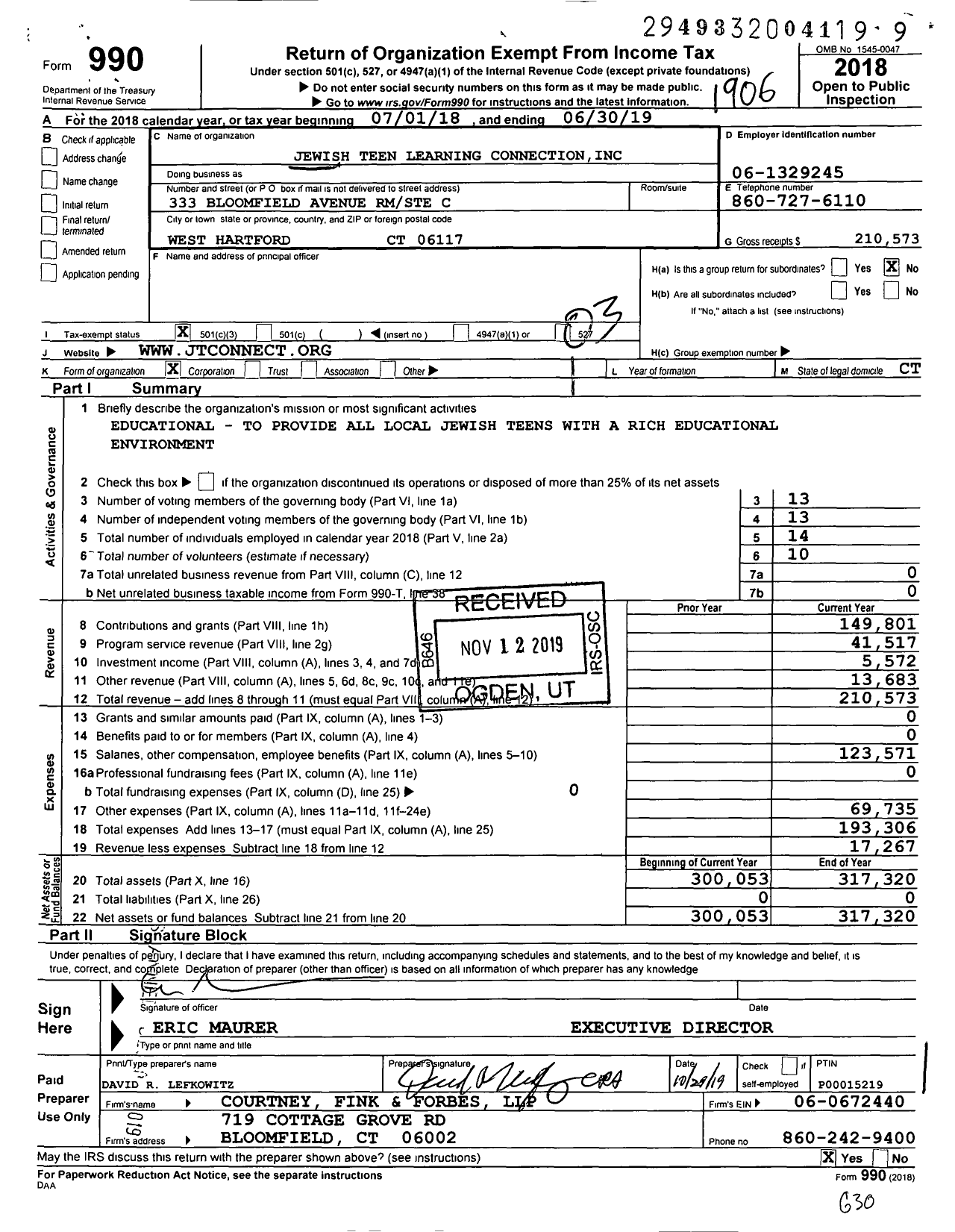 Image of first page of 2018 Form 990 for Jewish Teen Learning Connection