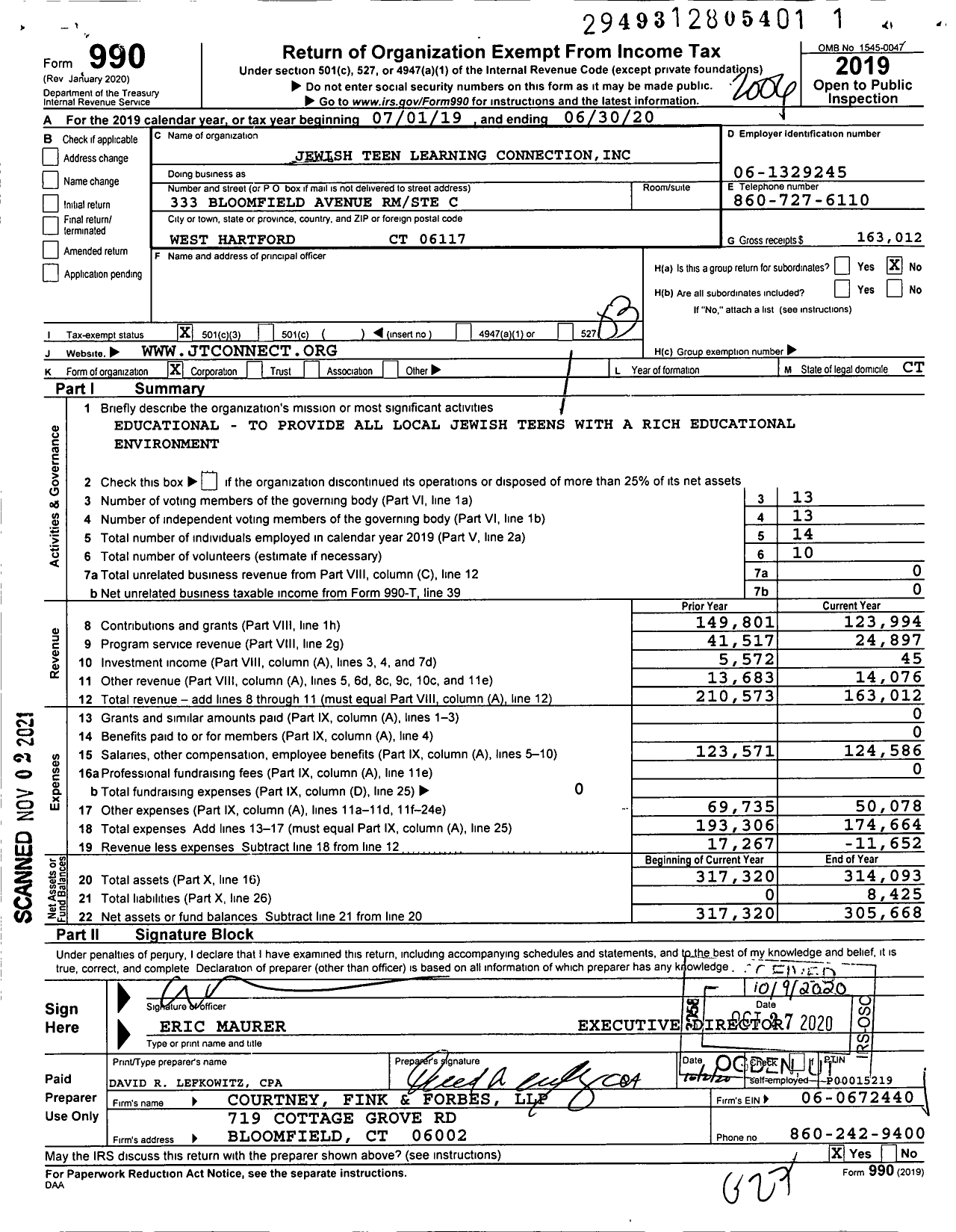 Image of first page of 2019 Form 990 for Jewish Teen Learning Connection