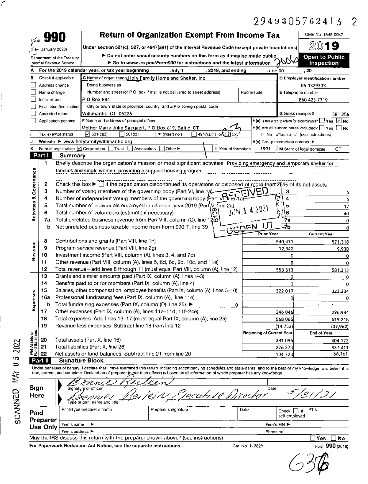 Image of first page of 2019 Form 990 for Holy Family Home and Shelter