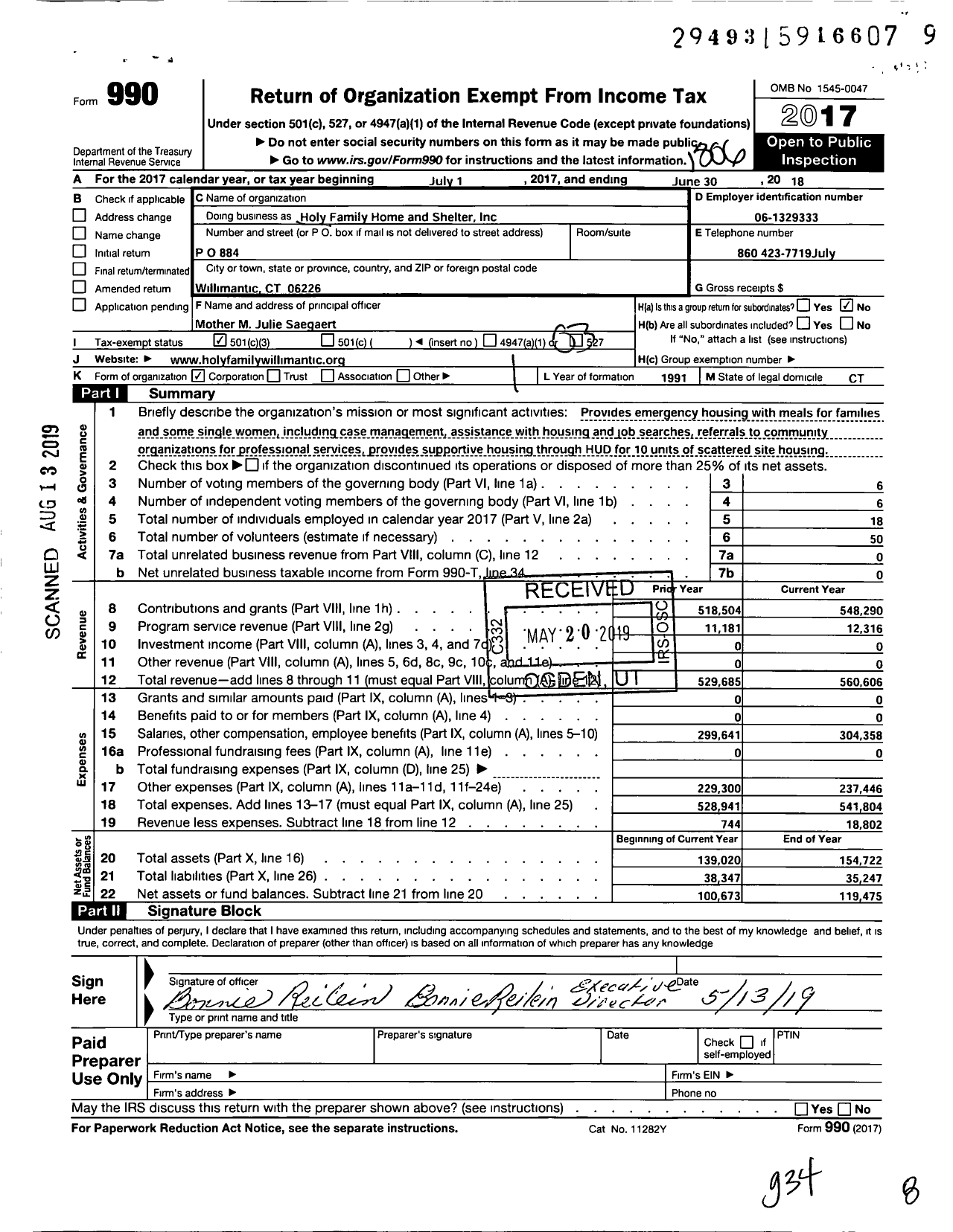 Image of first page of 2017 Form 990 for Holy Family Home and Shelter