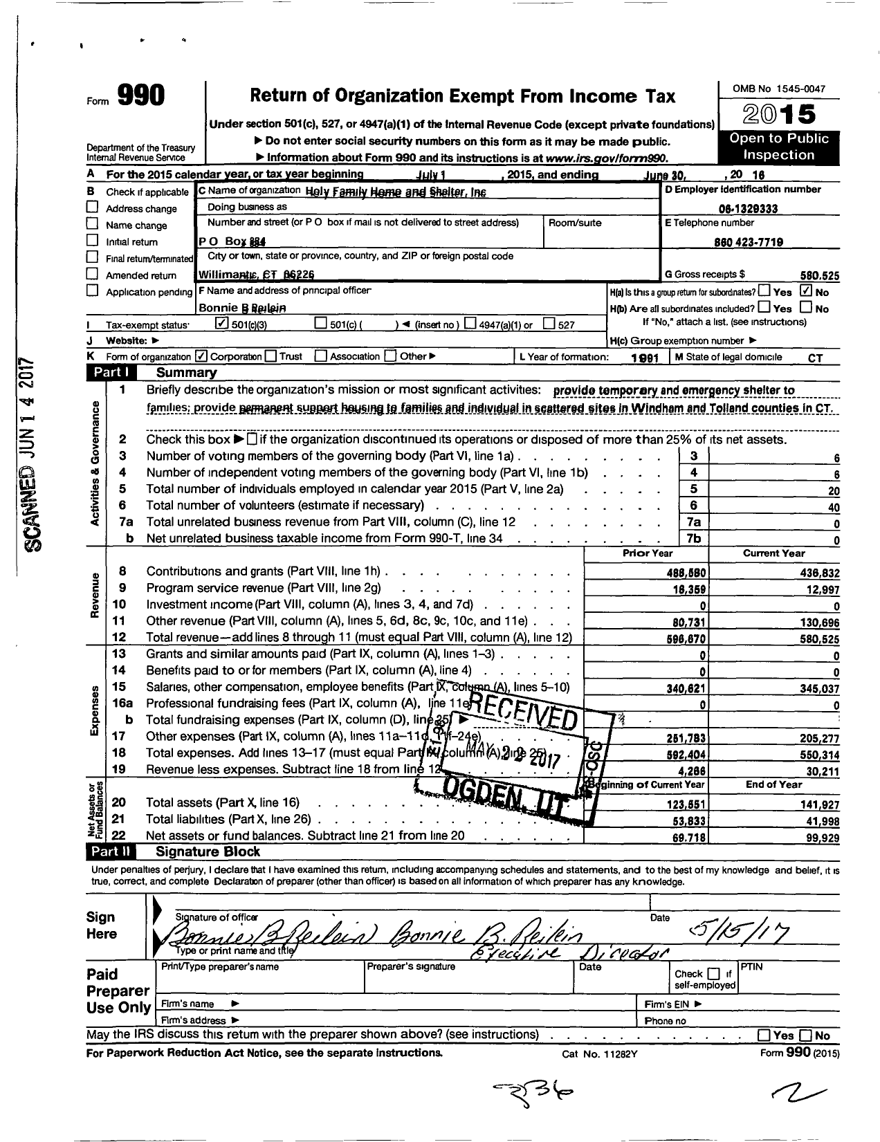 Image of first page of 2015 Form 990 for Holy Family Home and Shelter