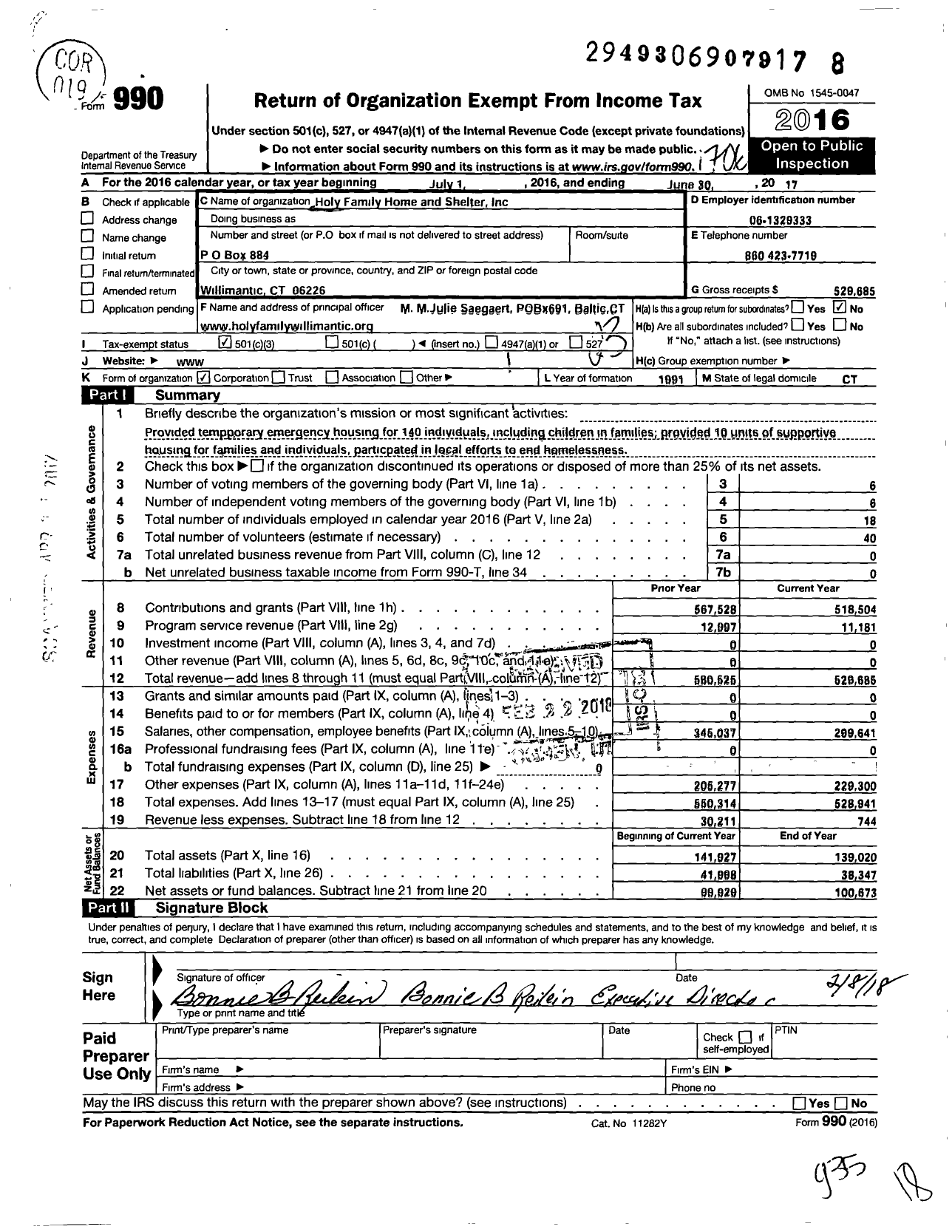 Image of first page of 2016 Form 990 for Holy Family Home and Shelter