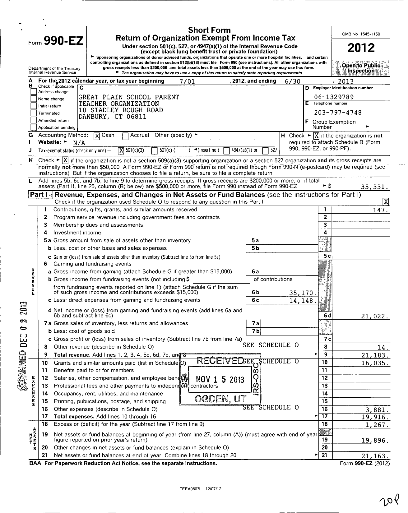 Image of first page of 2012 Form 990EZ for Great Plain School Parent Teacher Organization