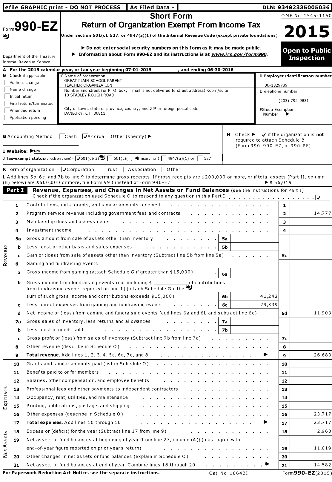 Image of first page of 2015 Form 990EZ for Great Plain School Parent Teacher Organization