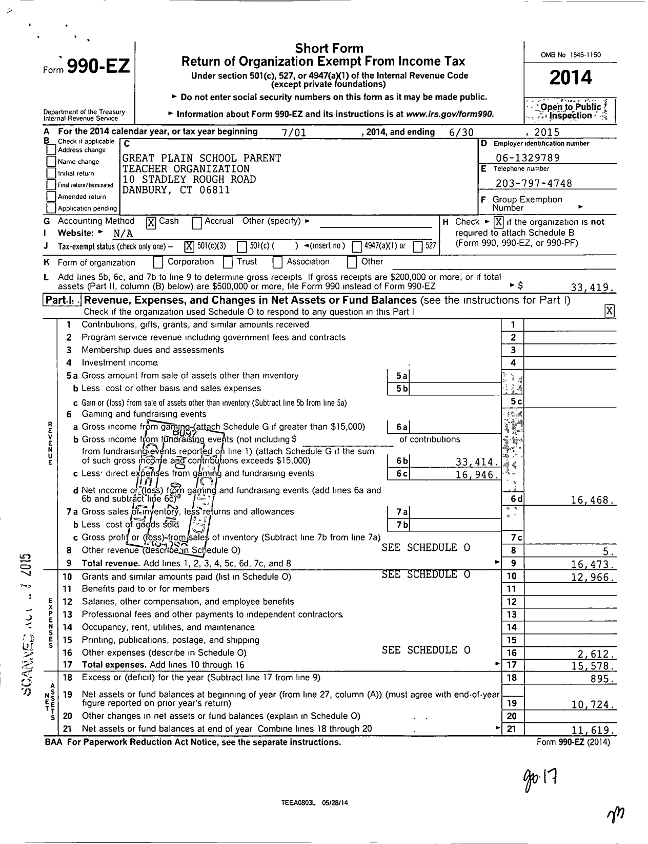 Image of first page of 2014 Form 990EZ for Great Plain School Parent Teacher Organization