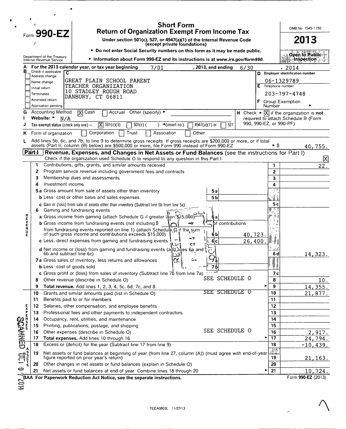 Image of first page of 2013 Form 990EZ for Great Plain School Parent Teacher Organization