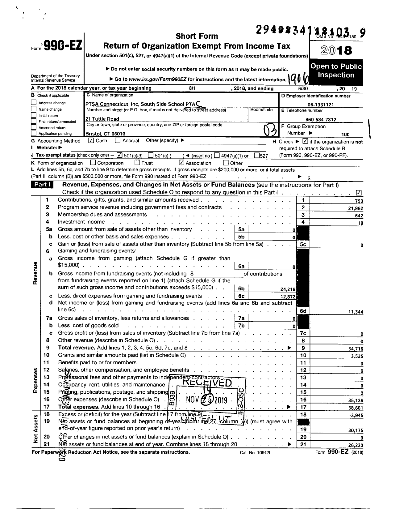 Image of first page of 2018 Form 990EZ for CT PTA - South Side School PTA