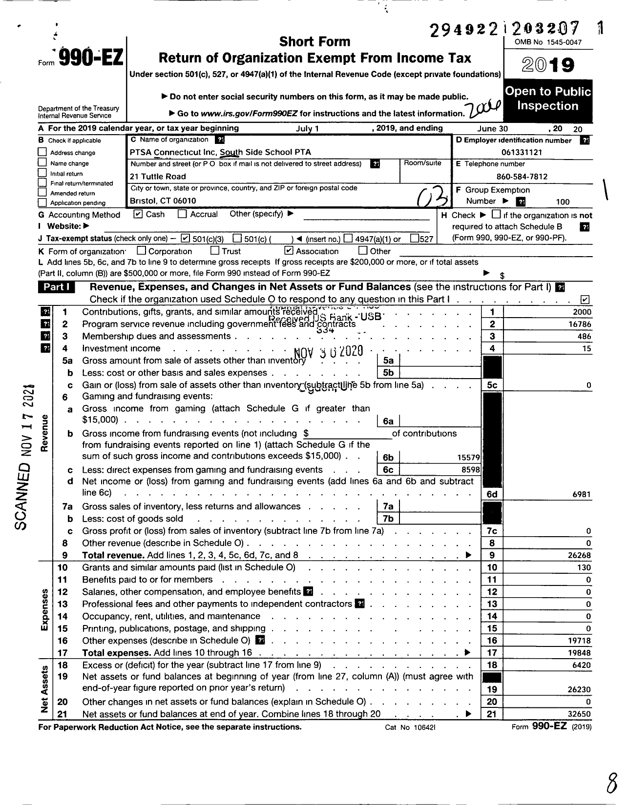 Image of first page of 2019 Form 990EZ for CT PTA - South Side School PTA